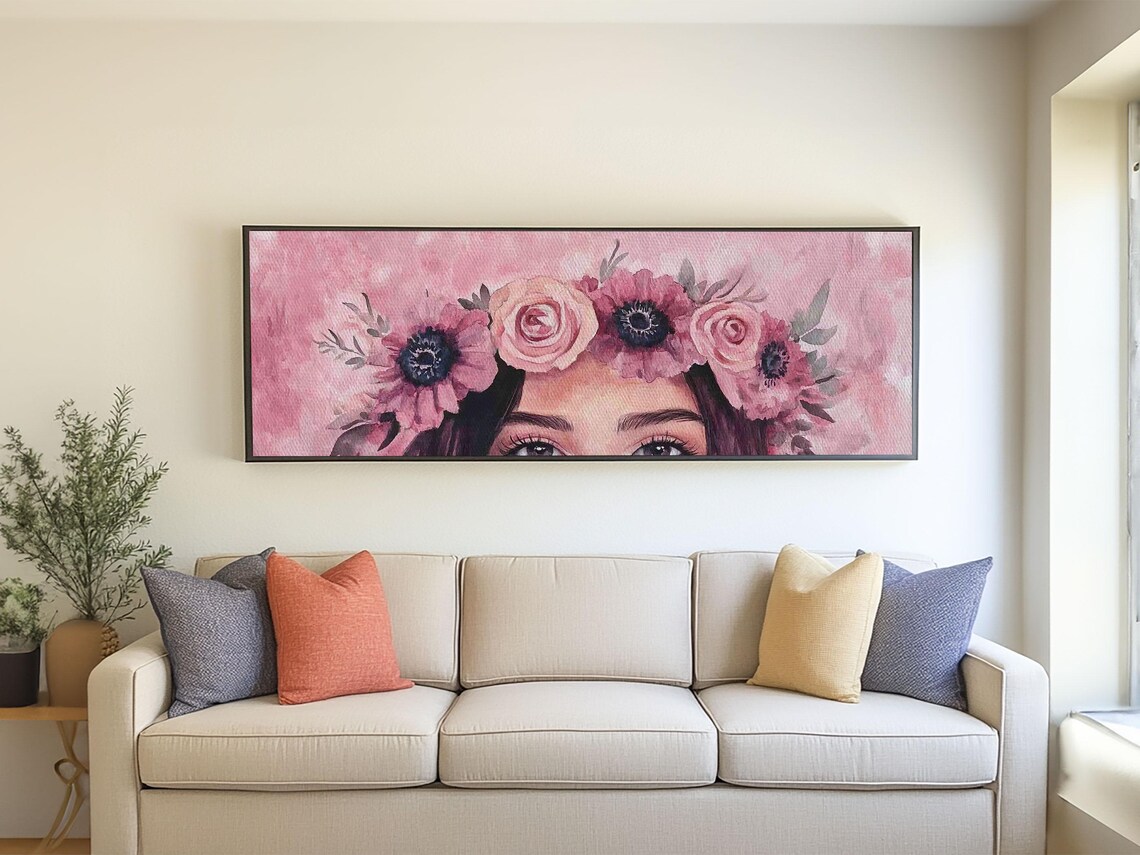 Blush Floral Crown Goddess Pink Rose Watercolor Portrait Wall Art