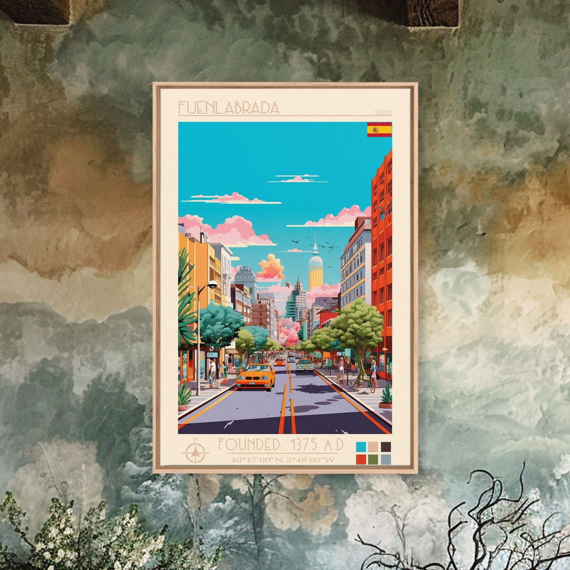 Fuenlabrada Spain Tree Lined Avenue Skyline Yellow Taxi View Poster - Image 5