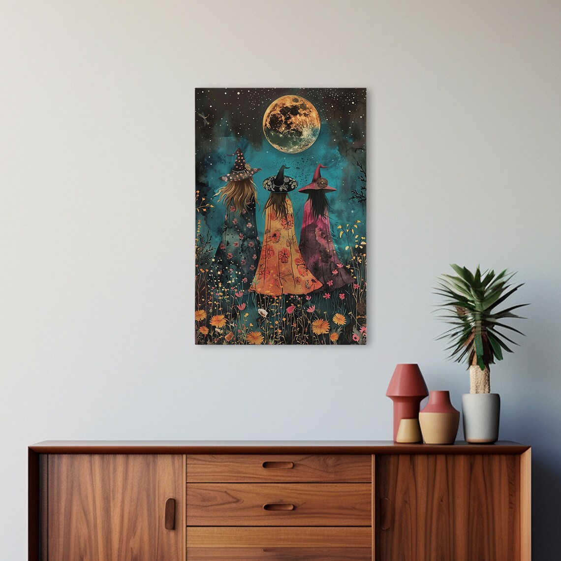 Three Witches Full Moon Night Painting Cottagecore Wildflowers Witchy Wall Art Poster - Image 5
