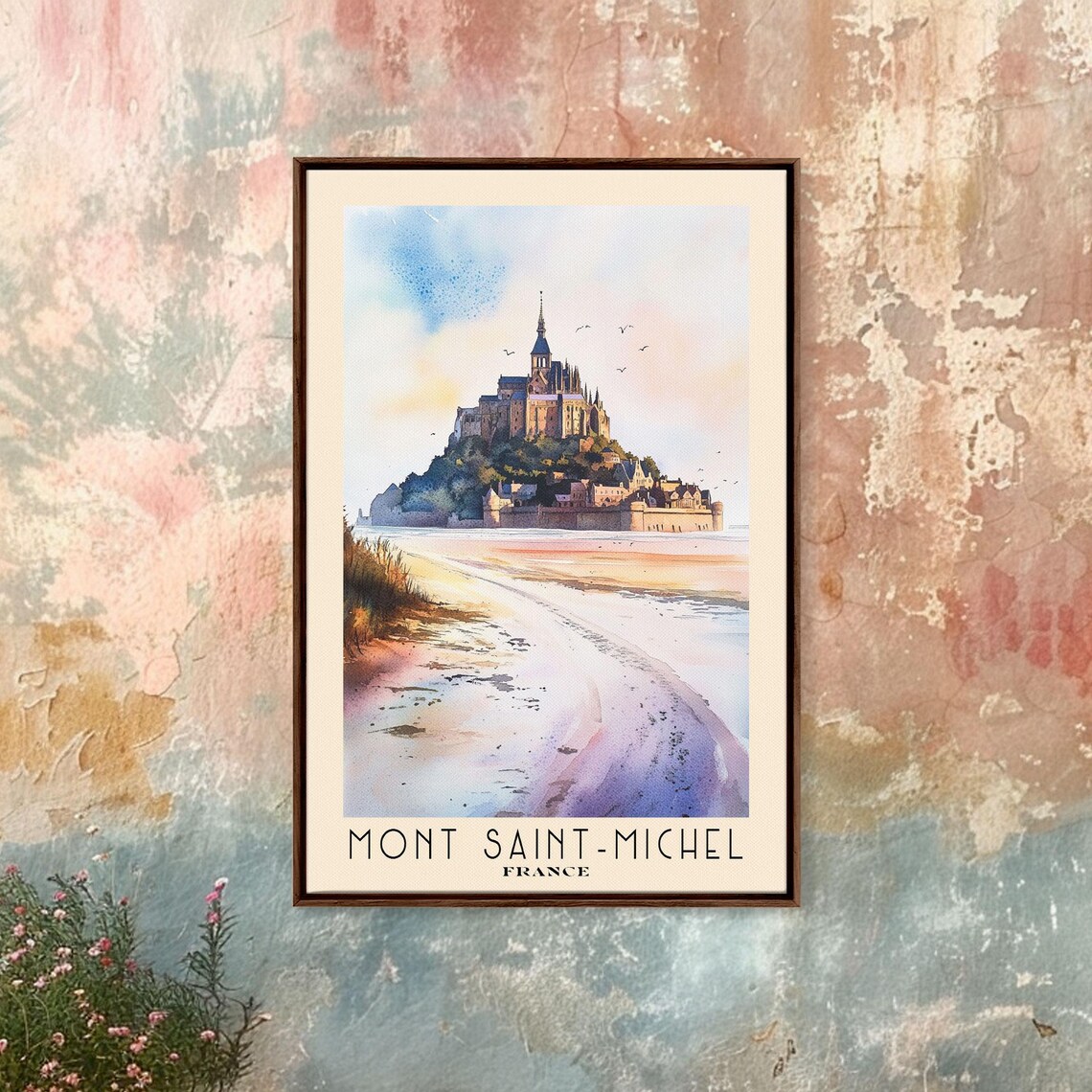 Mont Saint Michel France Tidal Abbey Sunset Watercolor Travel Poster