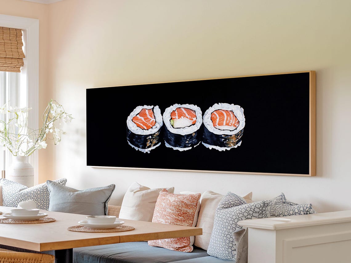 Salmon Sushi Maki Rolls Black Background Panoramic Kitchen Wall Poster - Image 5