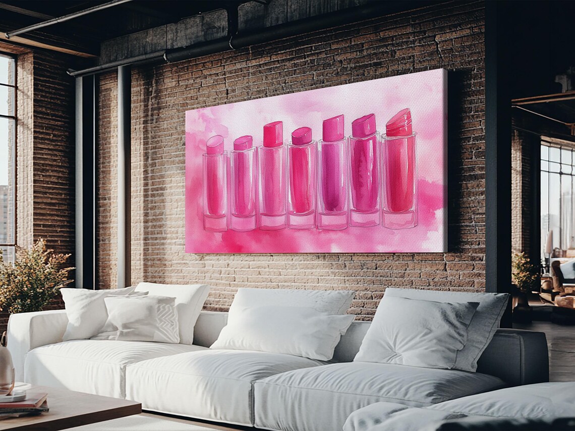 Pink Lipstick Row Watercolor Painting Feminine Glam Makeup Vanity Art Poster - Image 4
