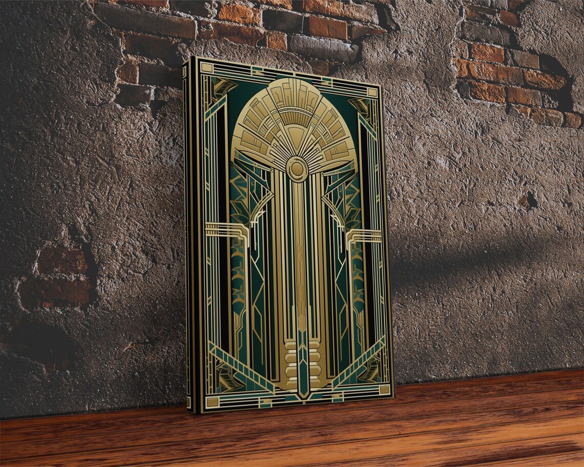Art Deco Stained Glass Art Print, Gold Green Midcentury - Image 2