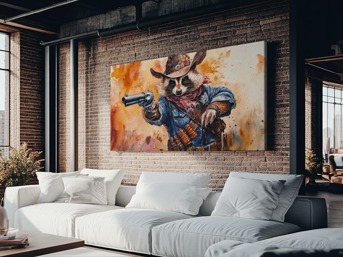 Raccoon Cowboy With Revolver Western Watercolor Animal Painting Print - Image 2