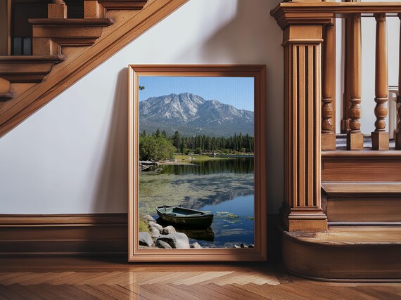 Mountain Lake Wooden Rowboat Pine Forest Serene Reflection Nature Travel Poster