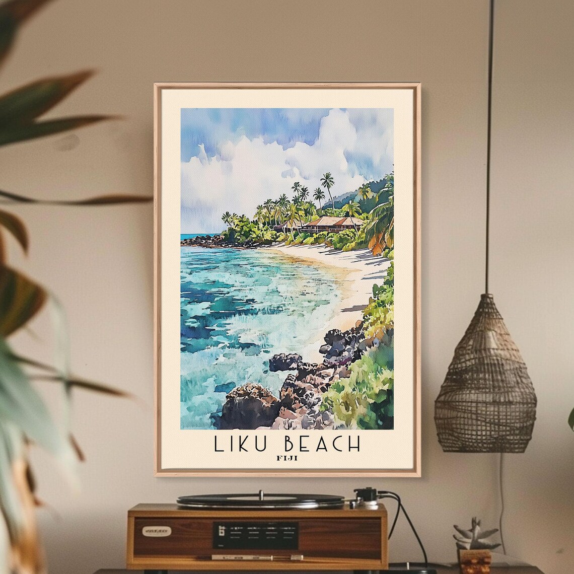 Liku Beach Fiji Turquoise Bay Palm Trees Rocky Shore Watercolor Poster