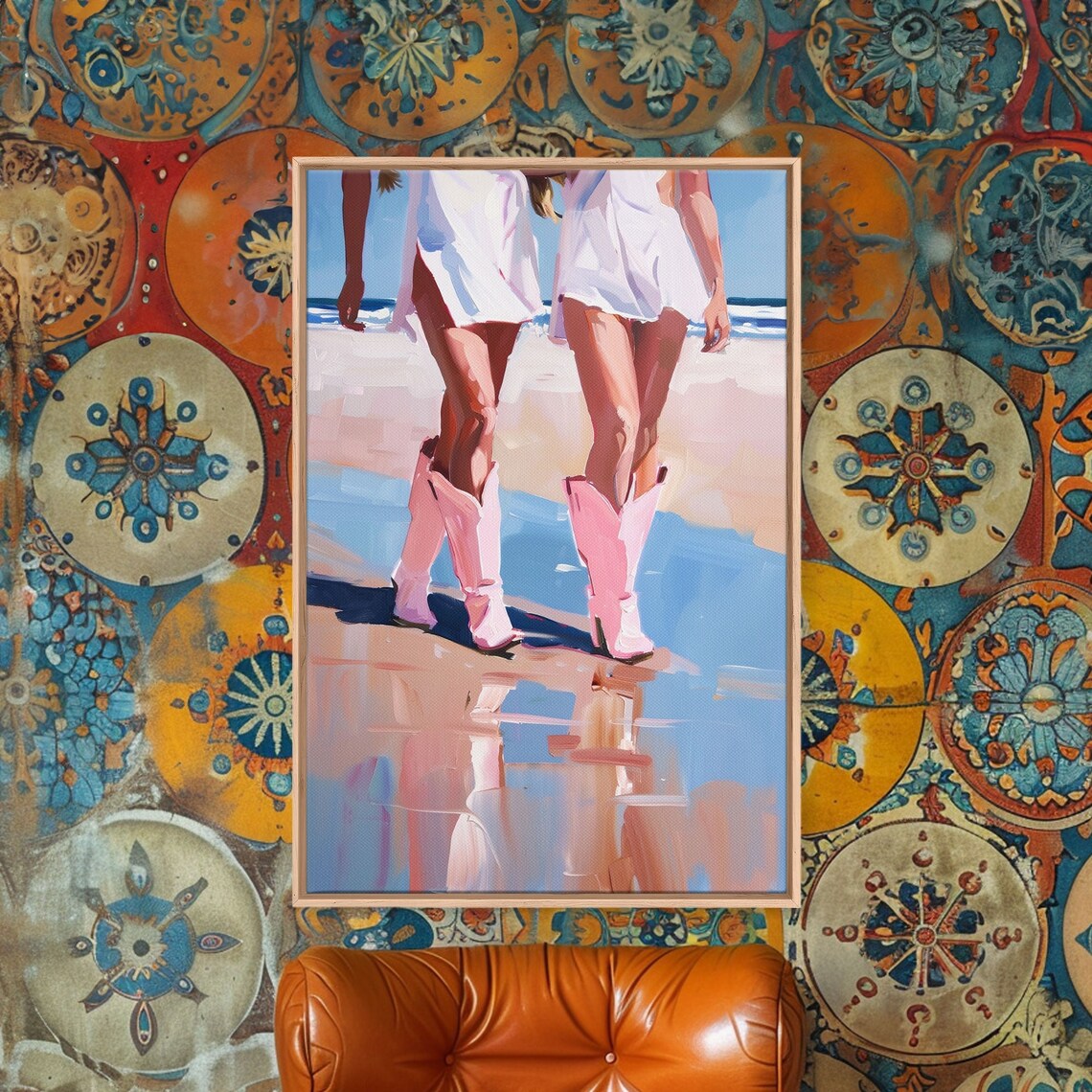 Cowgirls Walking On Beach In Pink Cowboy Boots Summer Art Poster