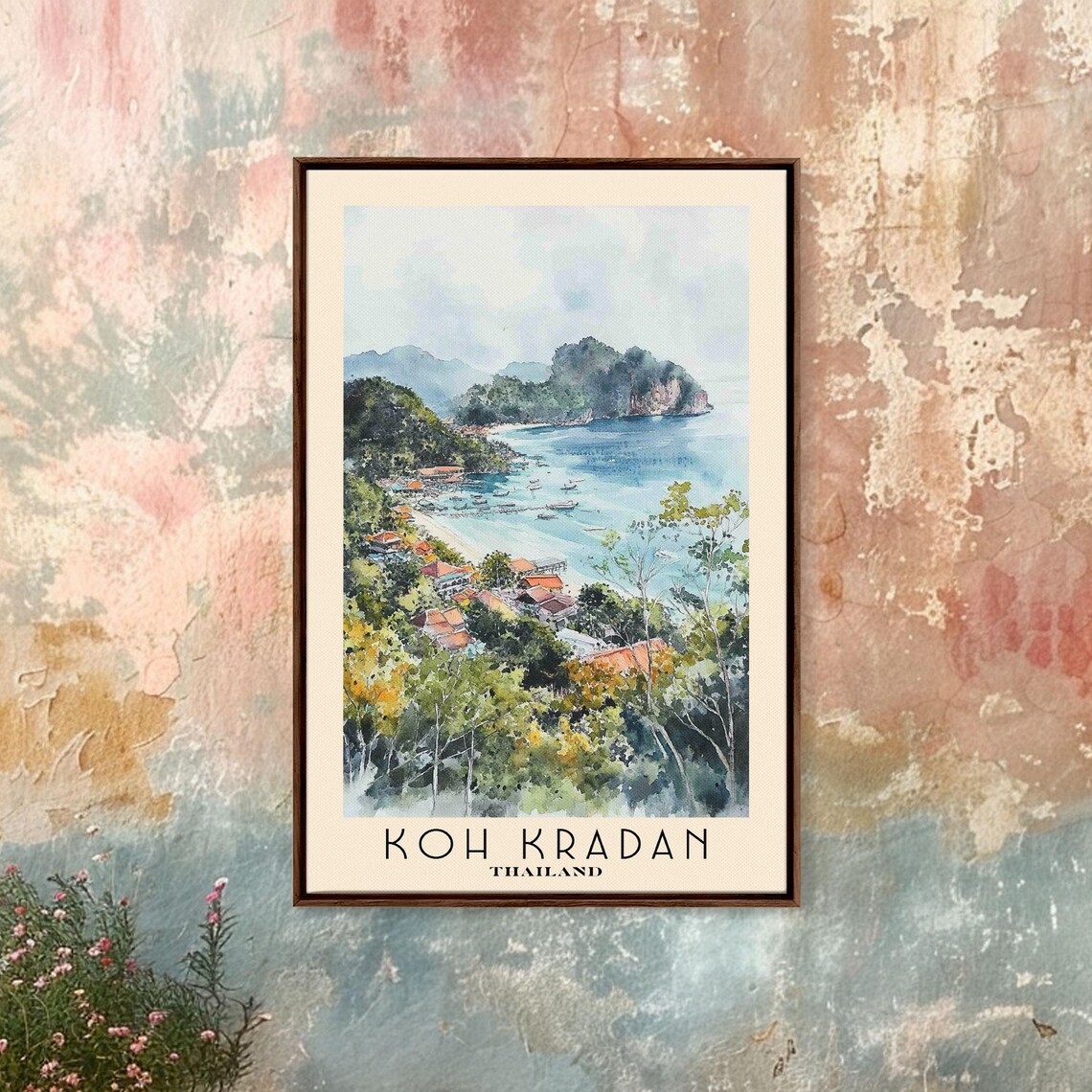 Koh Kradan Thailand Karst Island Bay Boats Village View Watercolor Poster - Image 4
