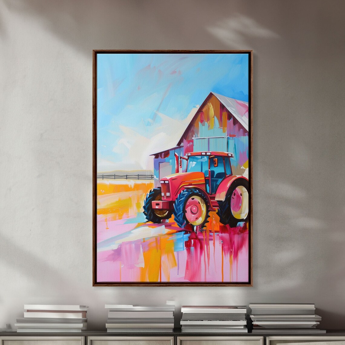 Colorful Red Tractor Barn Farm Harvest Scene Modern Art Wall Poster - Image 3