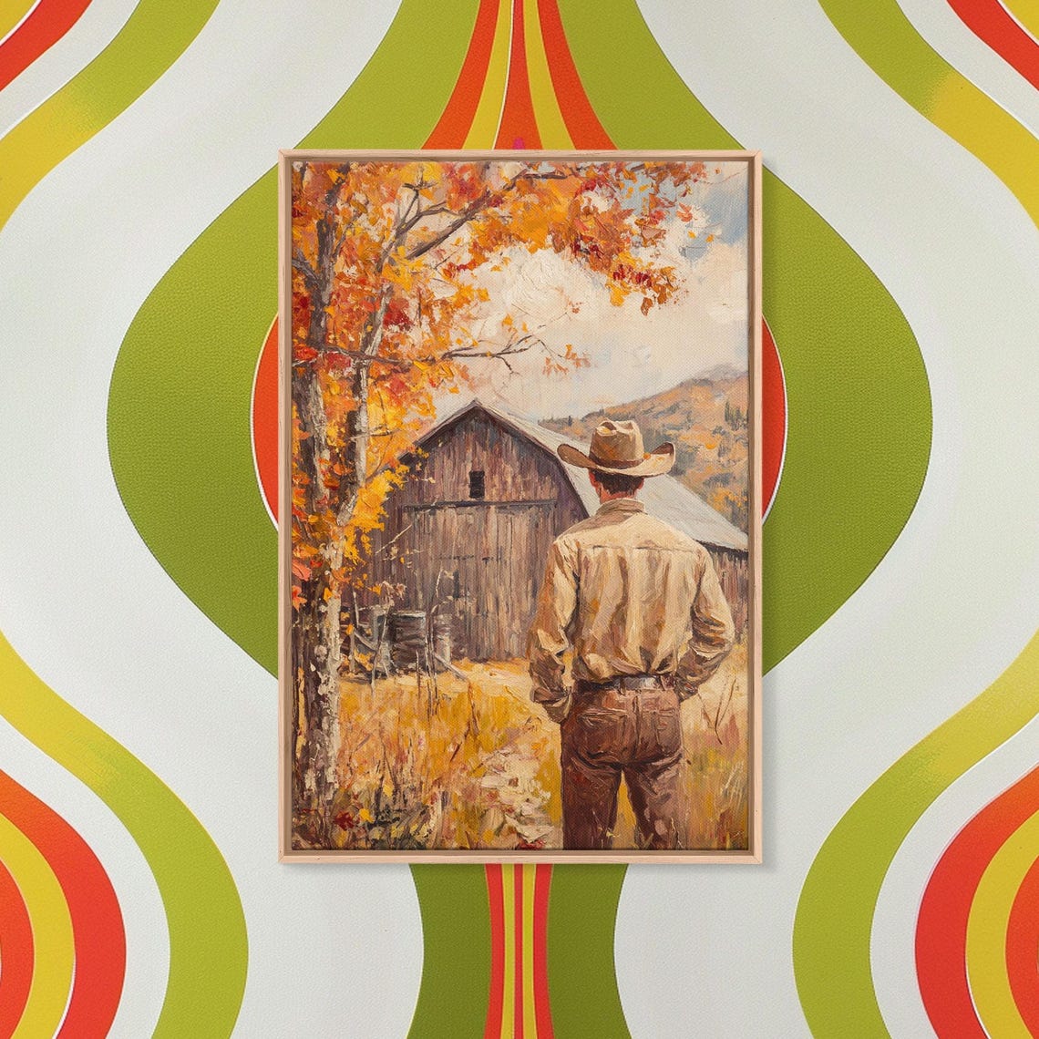Cowboy Standing Before Weathered Barn Autumn Trees Golden Field Poster - Image 2