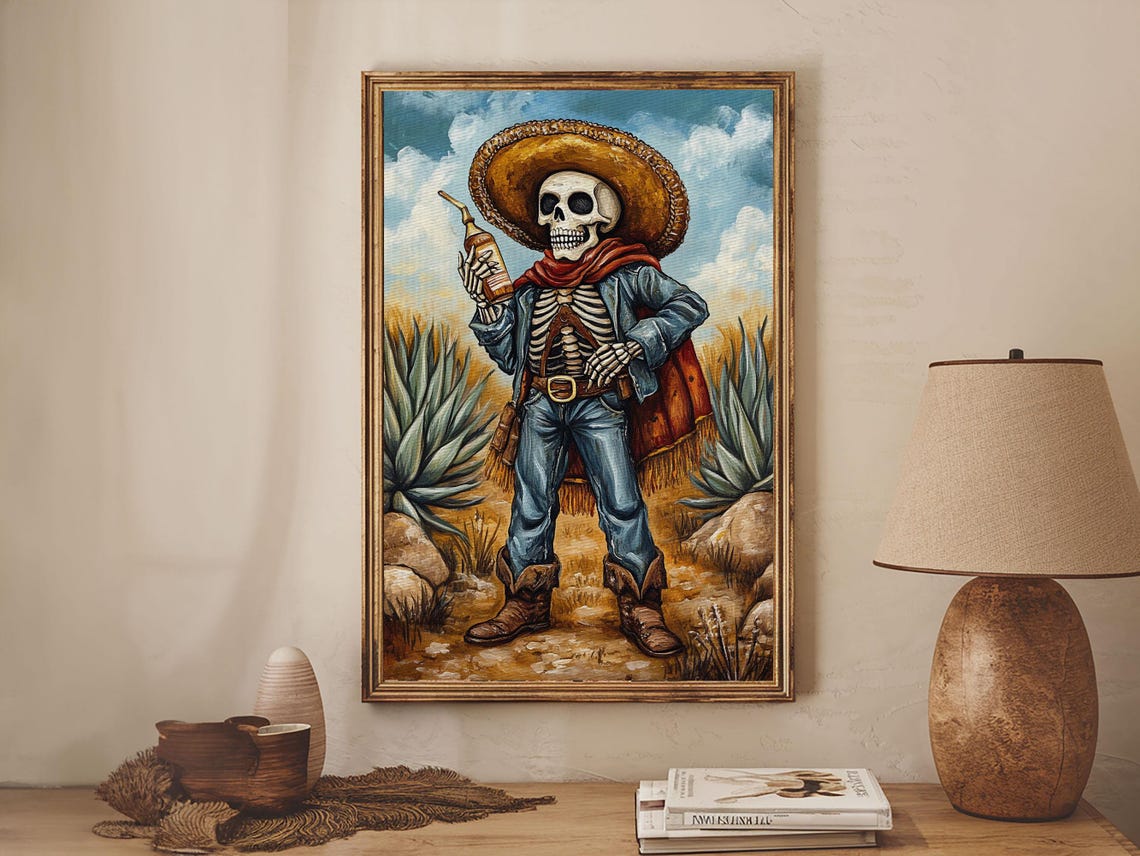Mexican Skeleton Cowboy Sombrero Tequila Bottle Desert Art Poster - Image 4