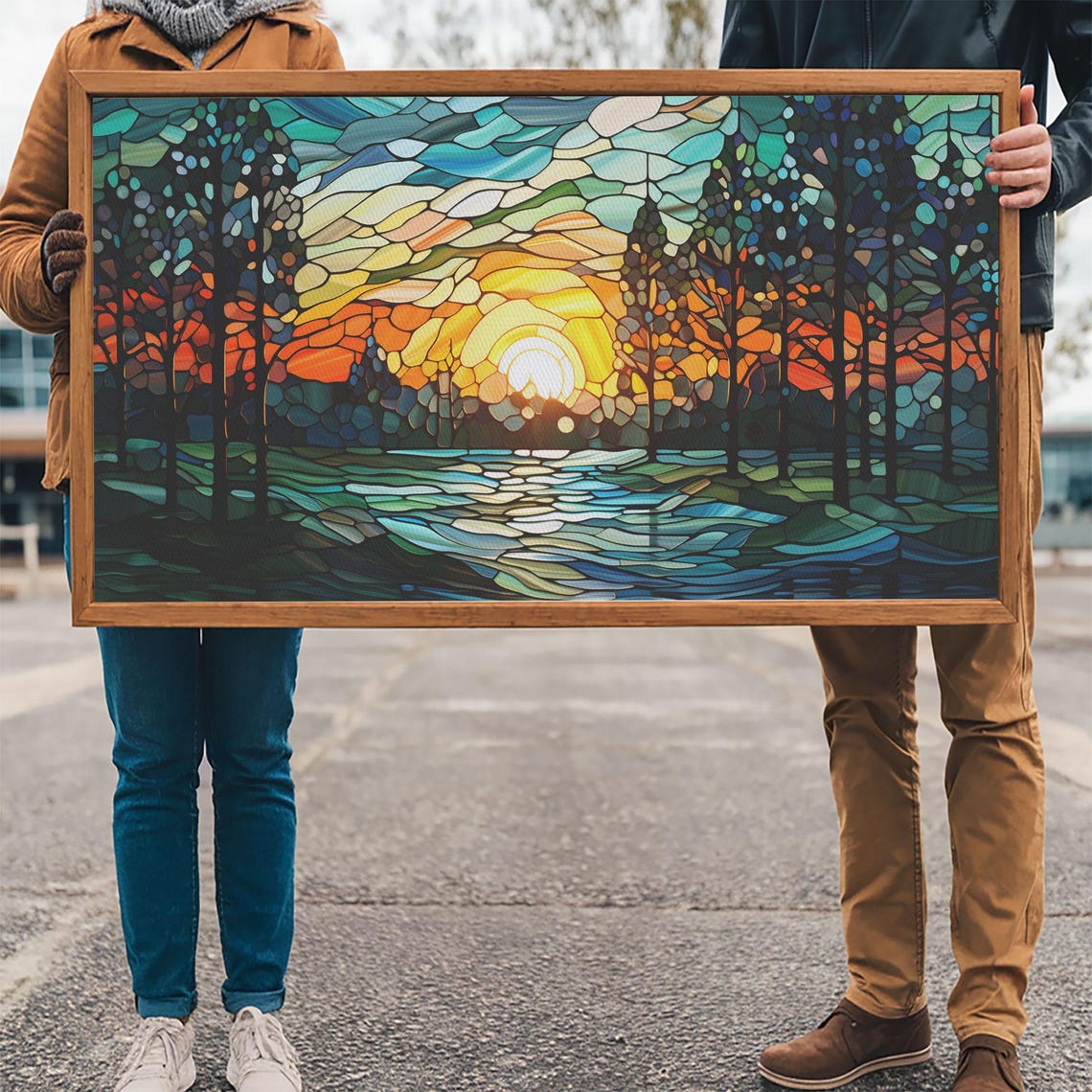 Stained Glass Mosaic Forest Sunset River Panoramic Landscape Poster - Image 3