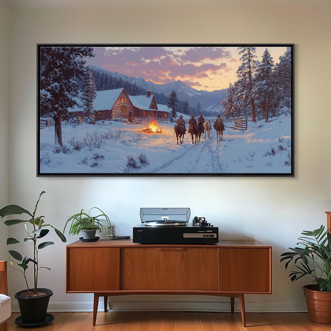 Cowboys Riding Home Snowy Cabin Sunset Campfire Western Wall Art - Image 5