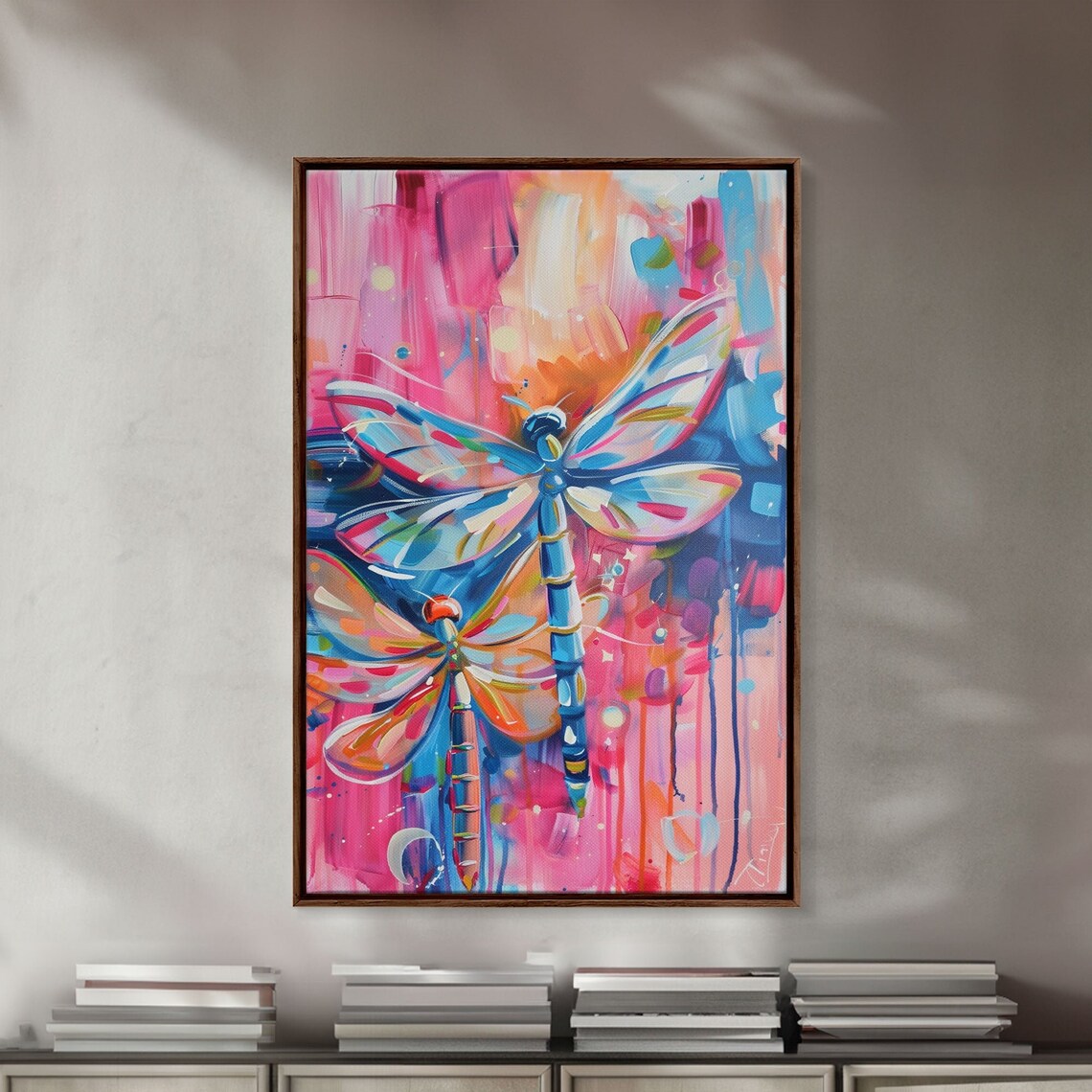 Colorful Dragonflies Abstract Nature Pink Blue Insect Art Wall Poster - Image 4