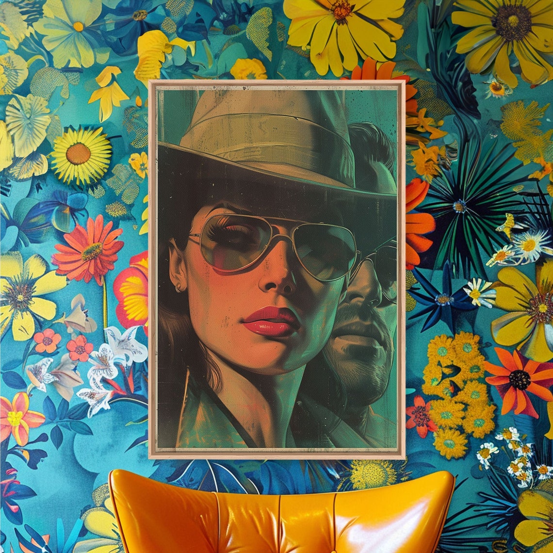 Noir Crime Duo Fedora Aviator Sunglasses Retro Illustration Wall Art - Image 4