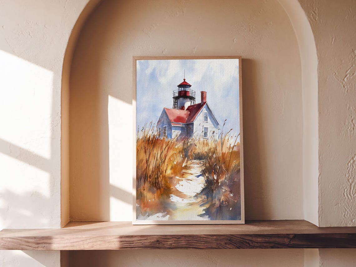 Maine Lighthouse Red Roof Dune Grass Watercolor Nautical Poster