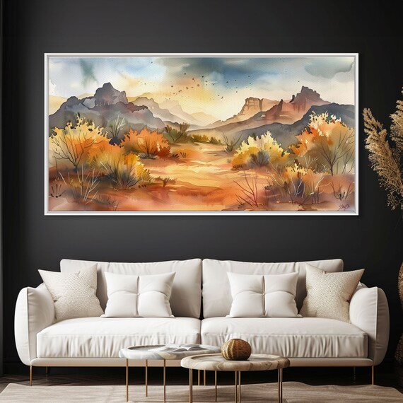 Serene Desert Landscape With Mountains And Sunlit Sky Perfect Framed Print For Living Room Boho Wall Art Nature Decor
