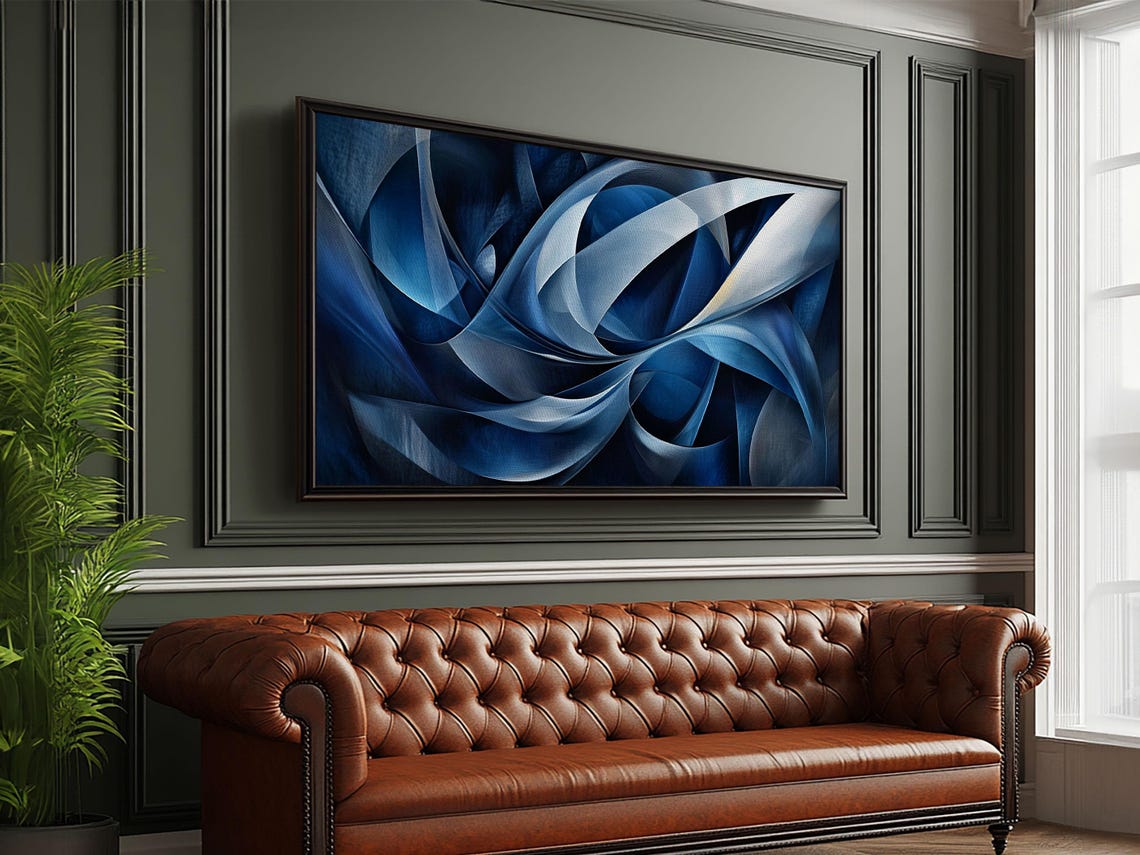 Abstract Blue Swirls Print Geometric Wall Art Horizontal Decor Moody Modern Artwork Gift Idea Living Room Panoramic Art - Image 2