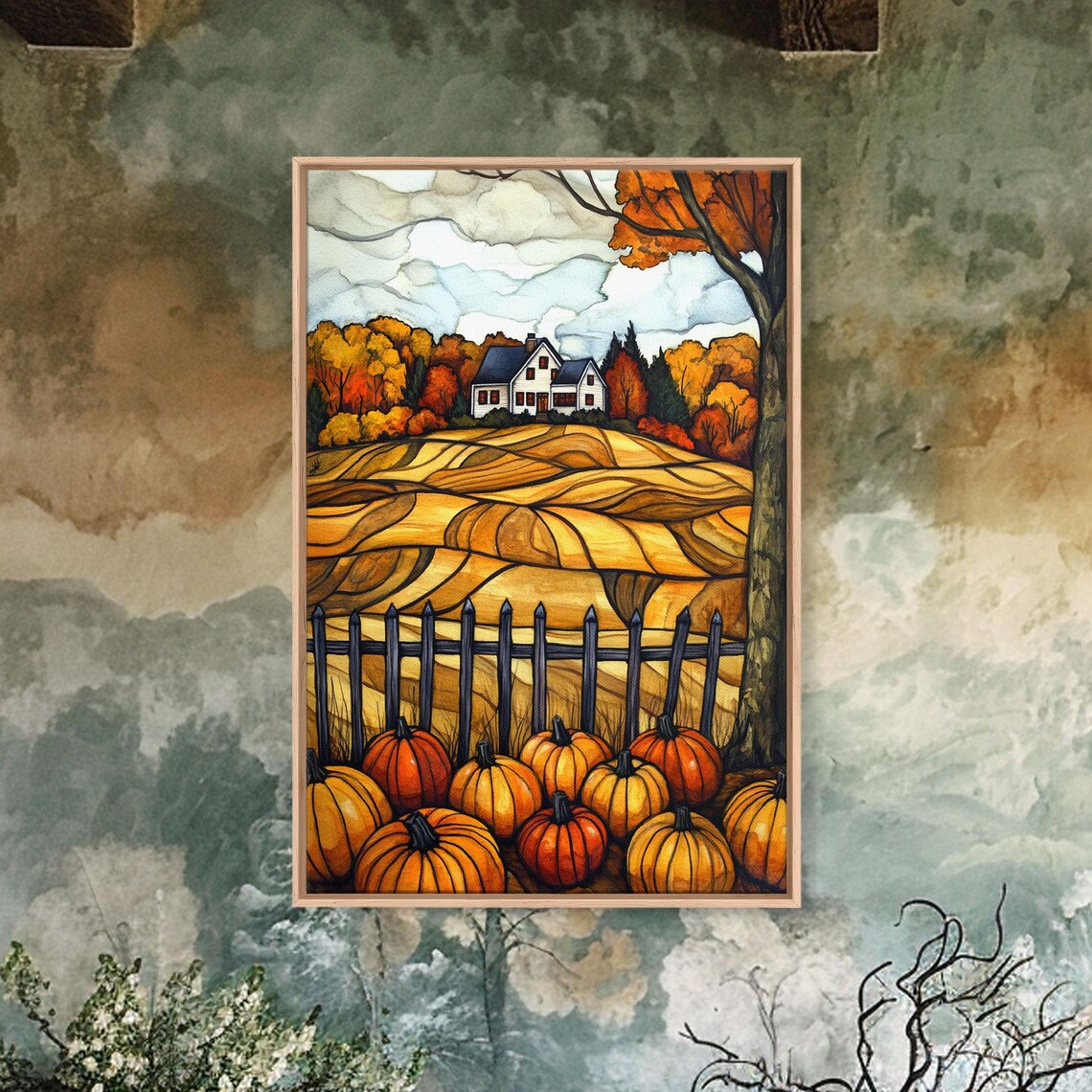 Fall Farmhouse Pumpkins Rolling Golden Fields Autumn Landscape Art Print - Image 5