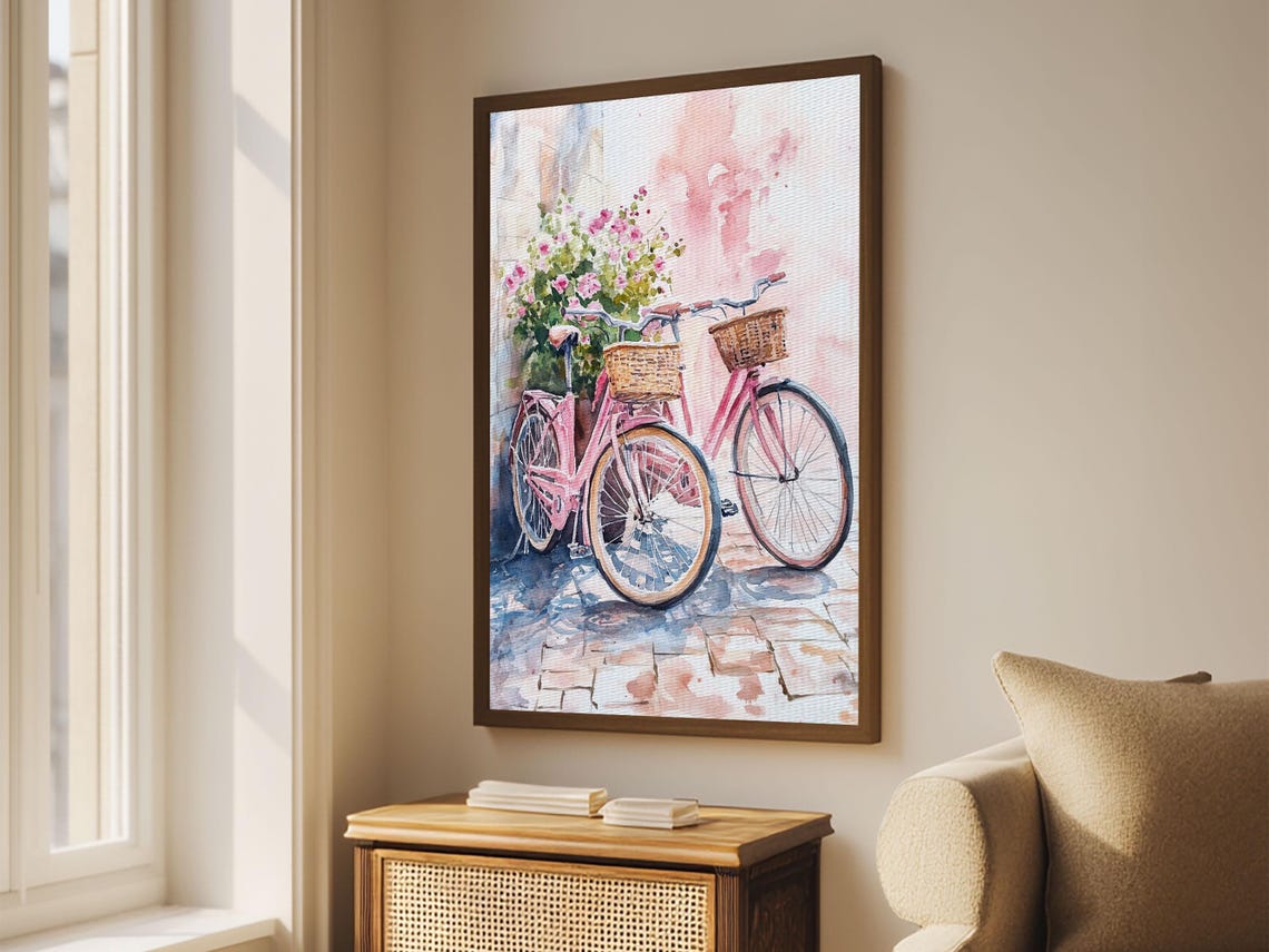 Two Pink Bicycles With Flower Baskets Watercolor Wall Art Print - Image 3