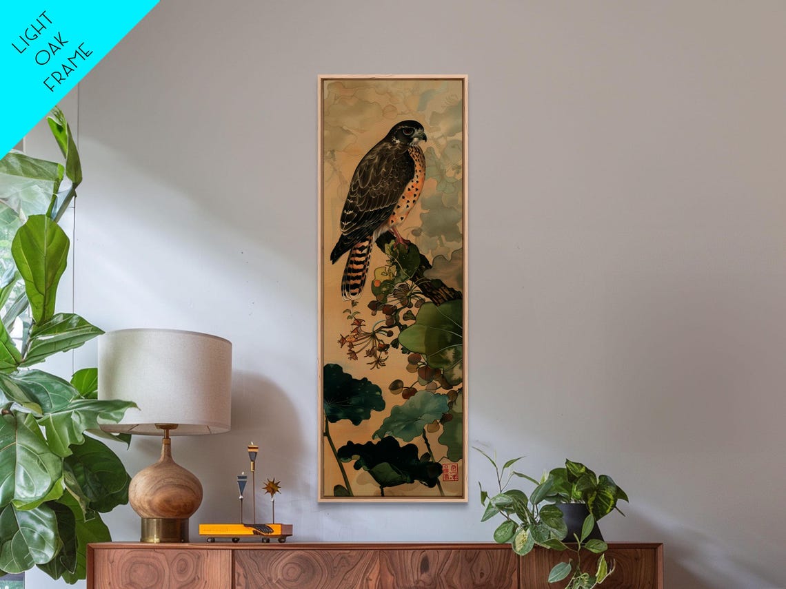 Majestic Hawk Perched Among Green Foliage Vintage Japanese Wall Art - Image 5