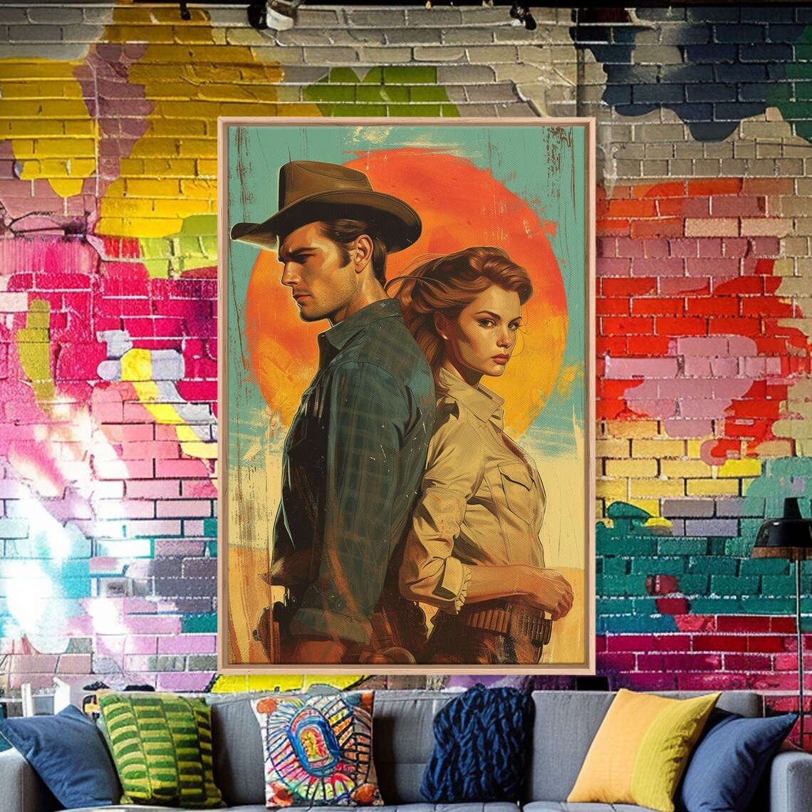 Cowboy Cowgirl Romance Back To Back Western Sunset Pulp Wall Art - Image 3