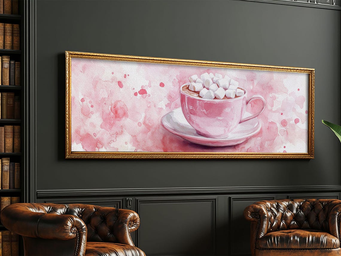 Pink Hot Cocoa Cup Marshmallows Watercolor Cozy Kitchen Poster