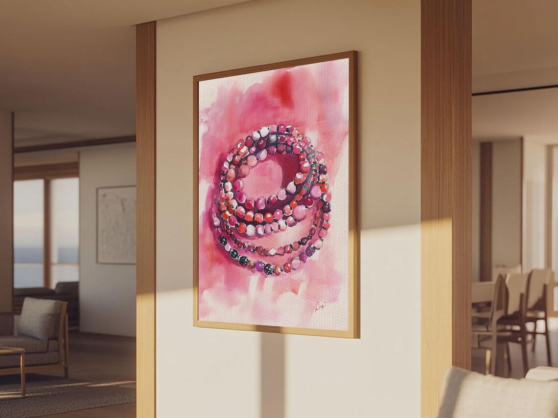 Coiled Pink Gemstone Bead Bracelets Watercolor Jewelry Wall Art Print - Image 4