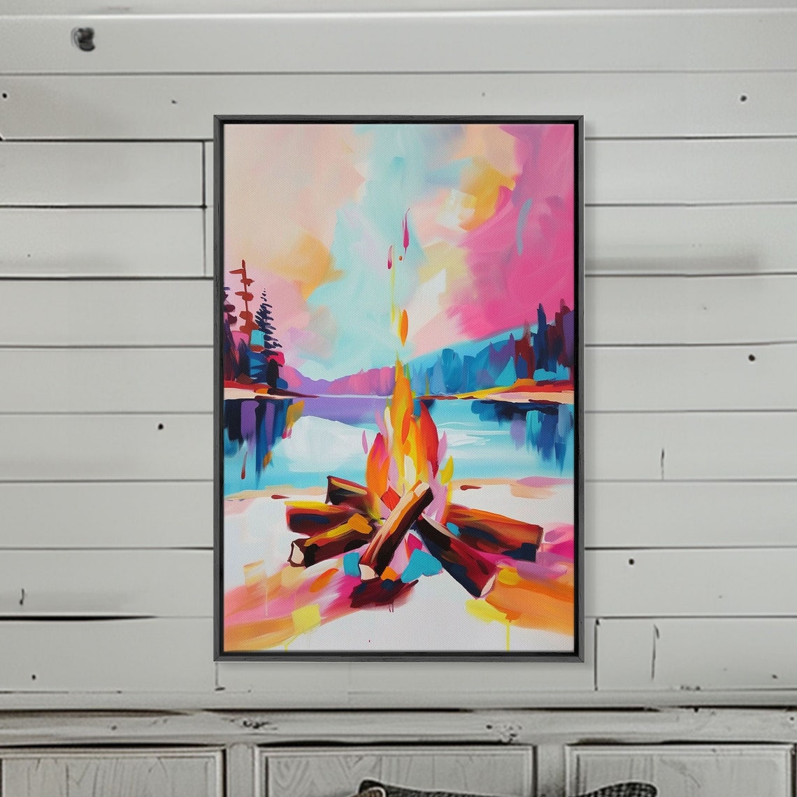 Campfire Lakeside Sunset Colorful Abstract Outdoor Adventure Wall Art - Image 5