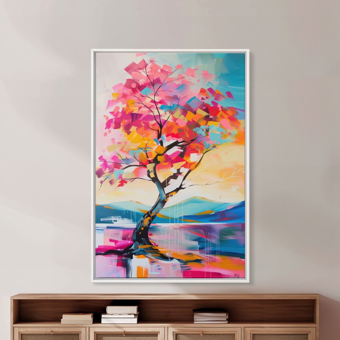 Colorful Windswept Tree By Lake Mountains Sunset Nature Art Poster - Image 5