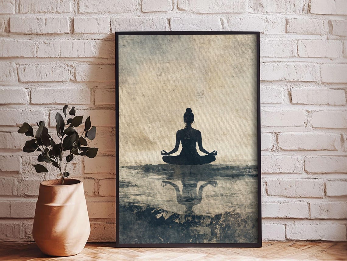 Meditation Silhouette Lotus Pose Water Reflection Neutral Zen Wall Art - Image 2