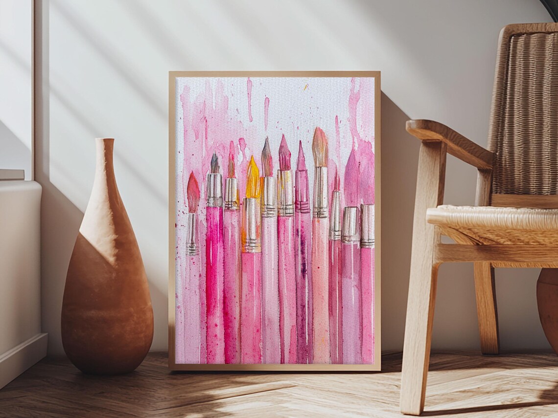 Pink Paintbrushes With Dripping Paint Watercolor Artist Wall Art