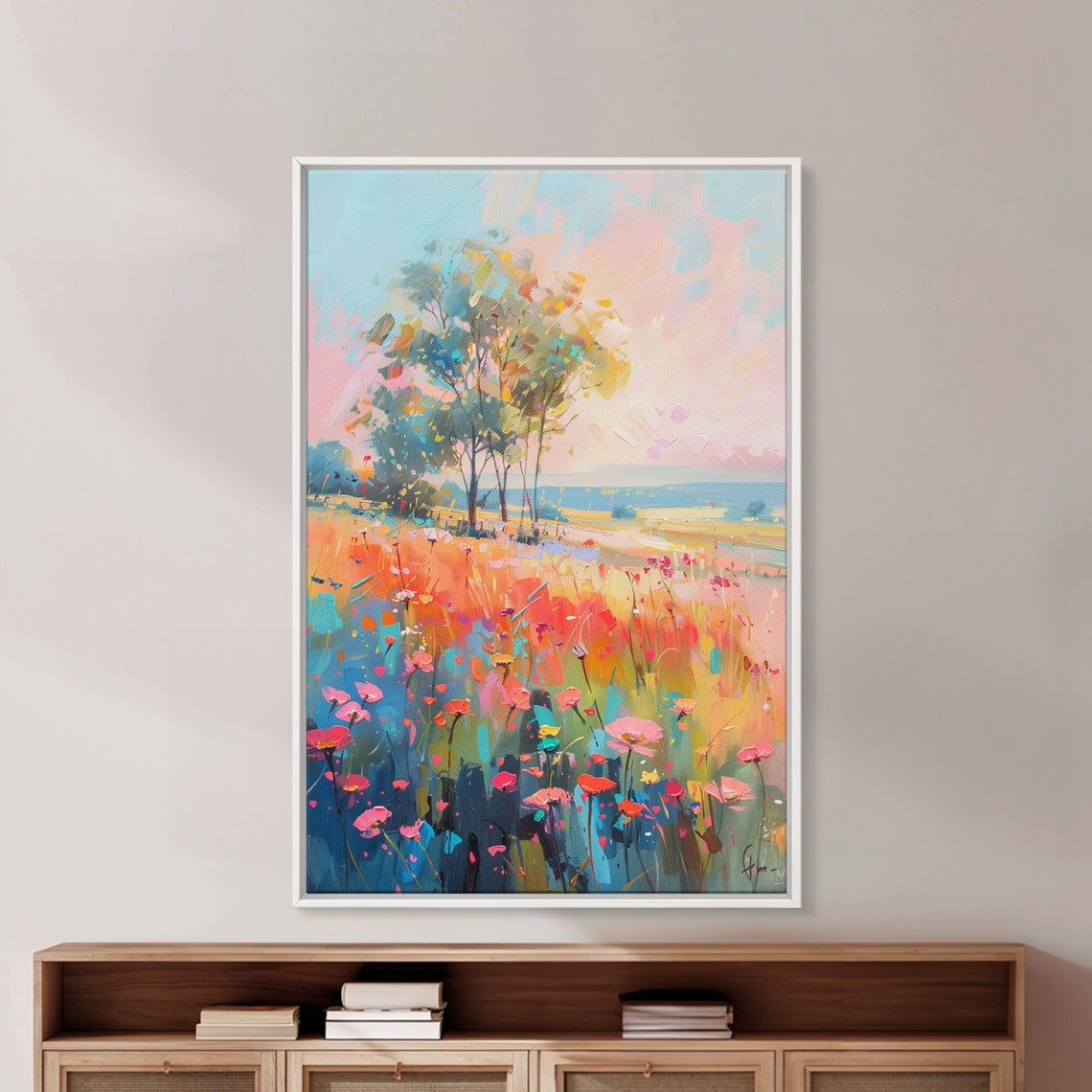 Blossoming Meadow Flower Field Trees Pastel Impressionist Art Poster - Image 3