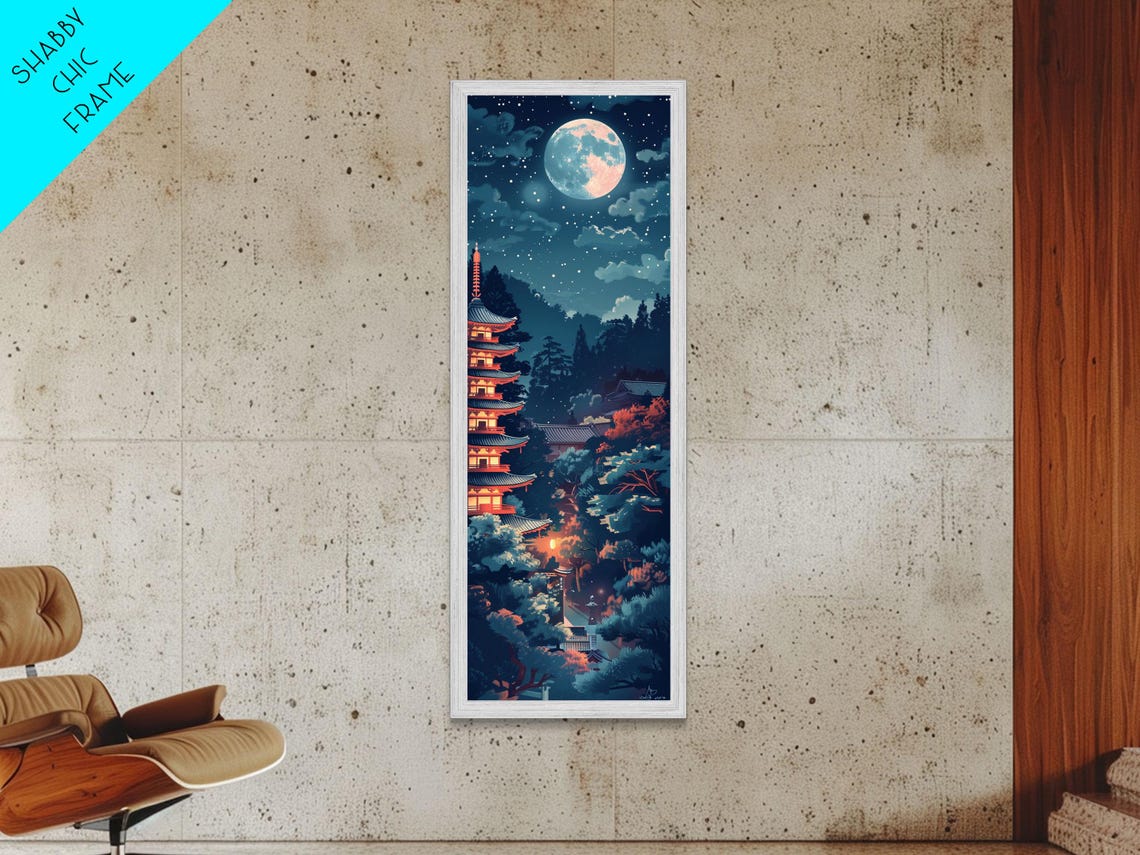 Japanese Pagoda Temple Full Moon Night Blue Red Tall Art Poster - Image 4