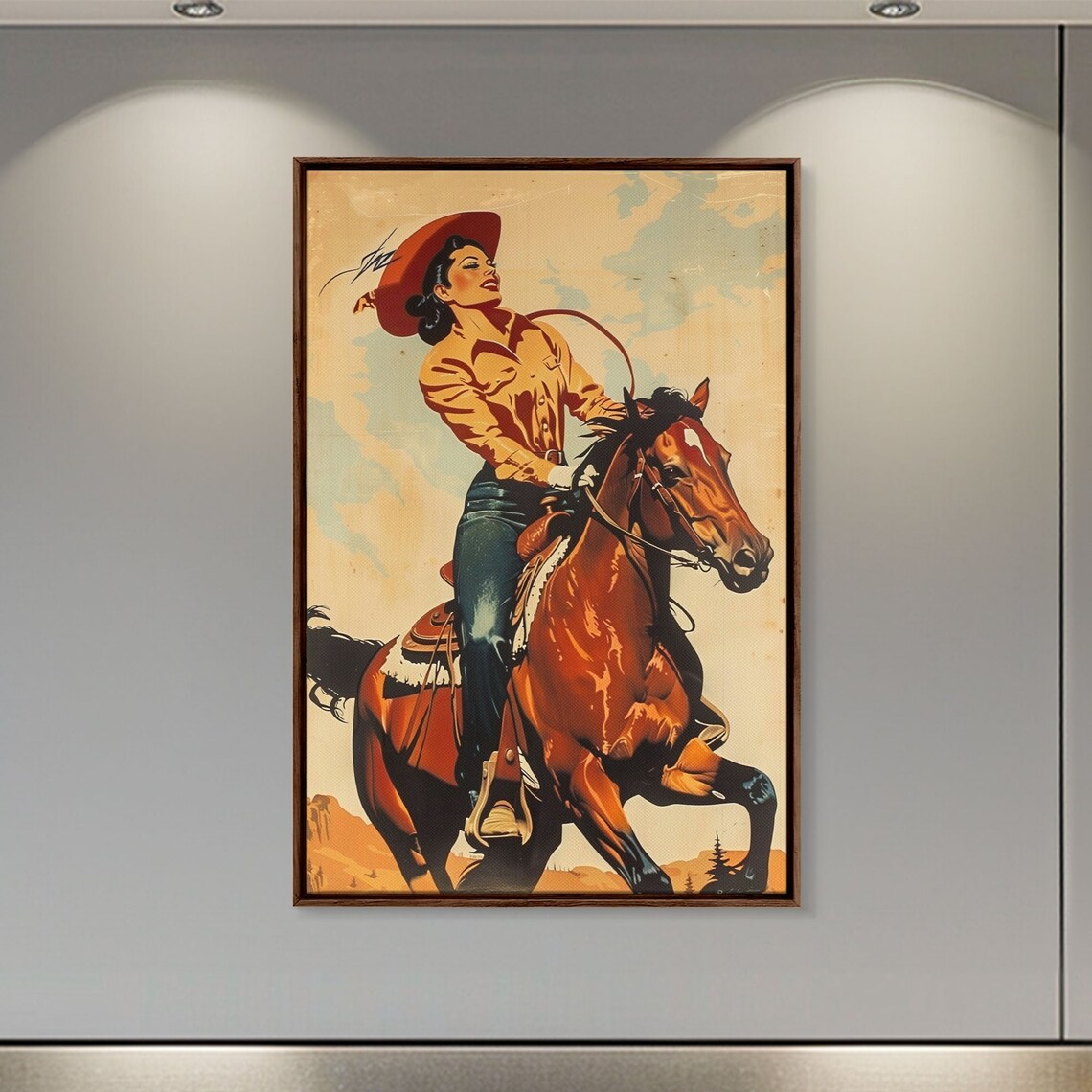 Vintage Cowgirl Riding Rearing Chestnut Horse Western Ranch Poster - Image 4