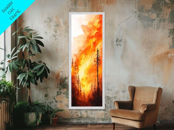 Sunset Blaze In Forest Framed Print Dramatic Wall Art Fiery Forest Moody Scene Rustic Decor Living Room Art Tall Narrow Art