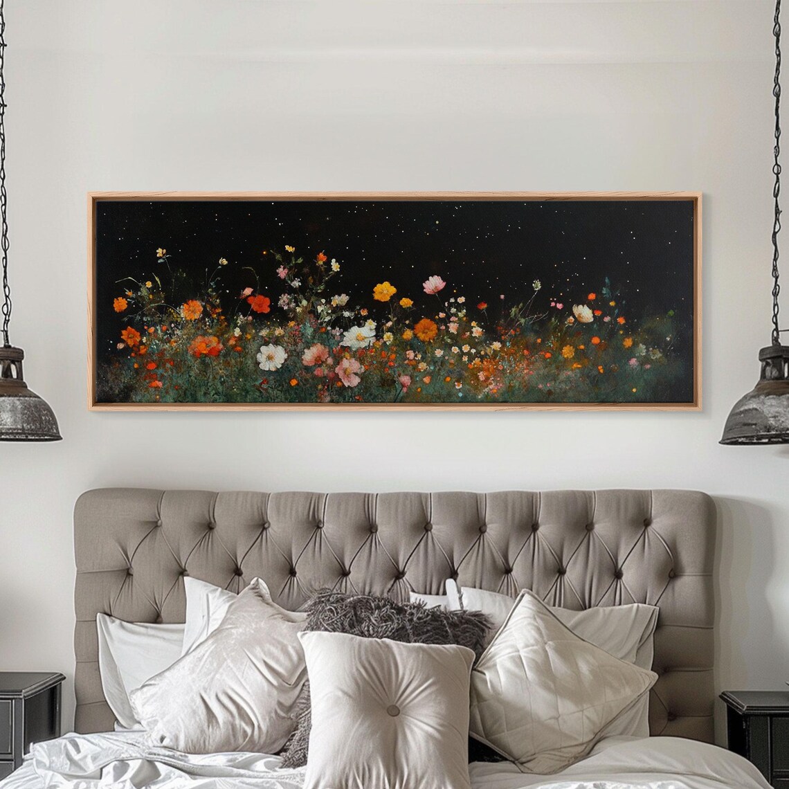 Wildflowers At Night Black Background Botanical Floral Art Print