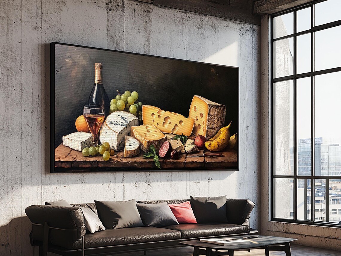 Cheese Wine Grapes And Salami Classic Still Life Painting Kitchen Print - Image 6