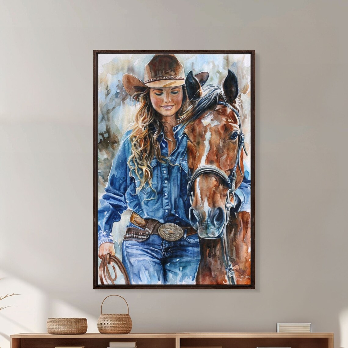 Cowgirl Embracing Horse Gentle Watercolor Western Bond Wall Art Poster - Image 3