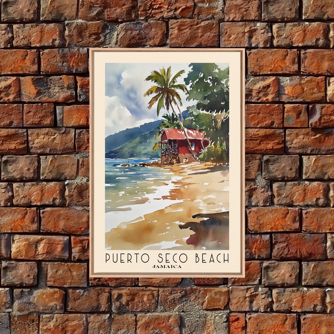 Puerto Seco Beach Jamaica Palm Trees Red Beach Hut Watercolor Poster - Image 4