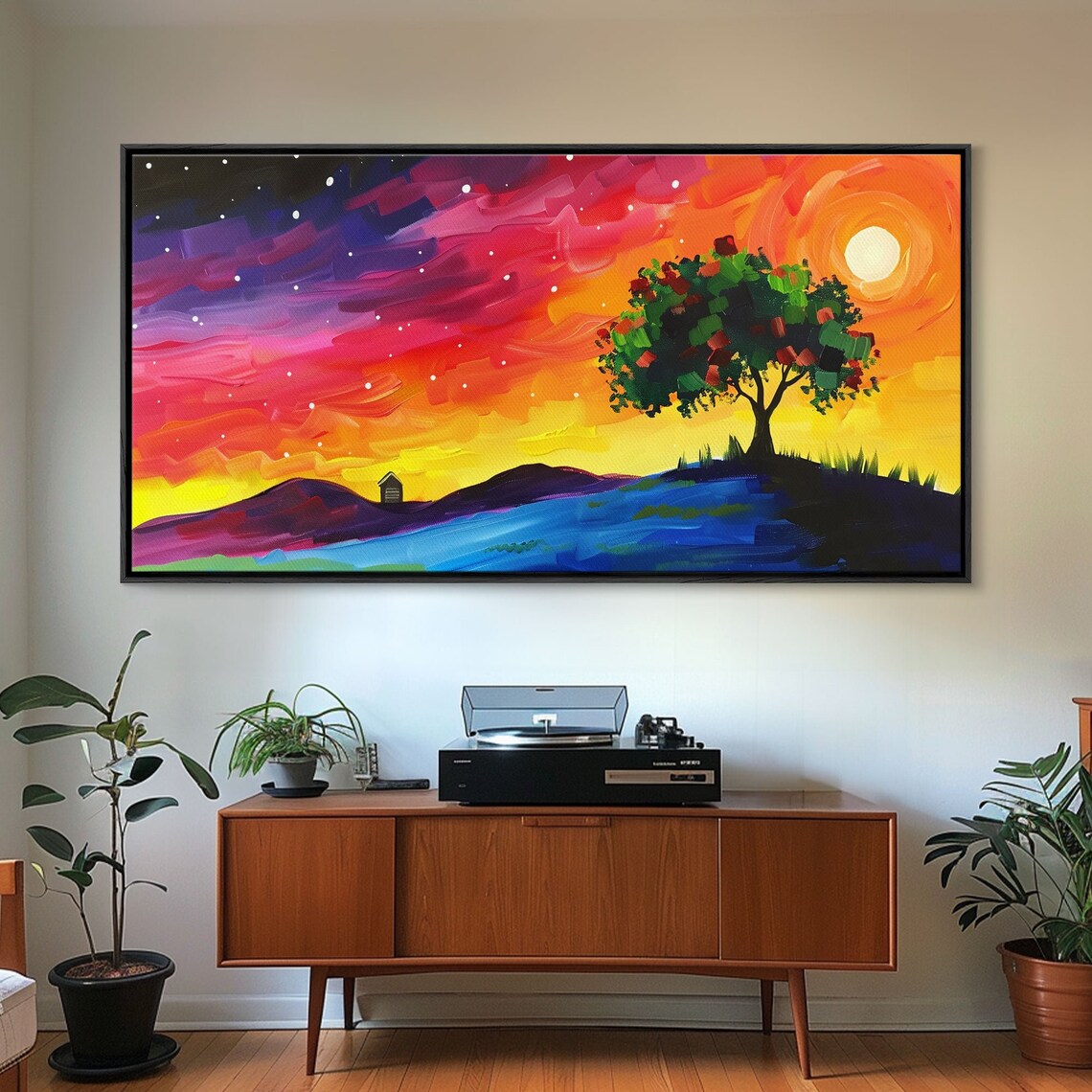 Vibrant Tree Under Starry Sunset Sky Colorful Abstract Hillside Landscape Poster - Image 2