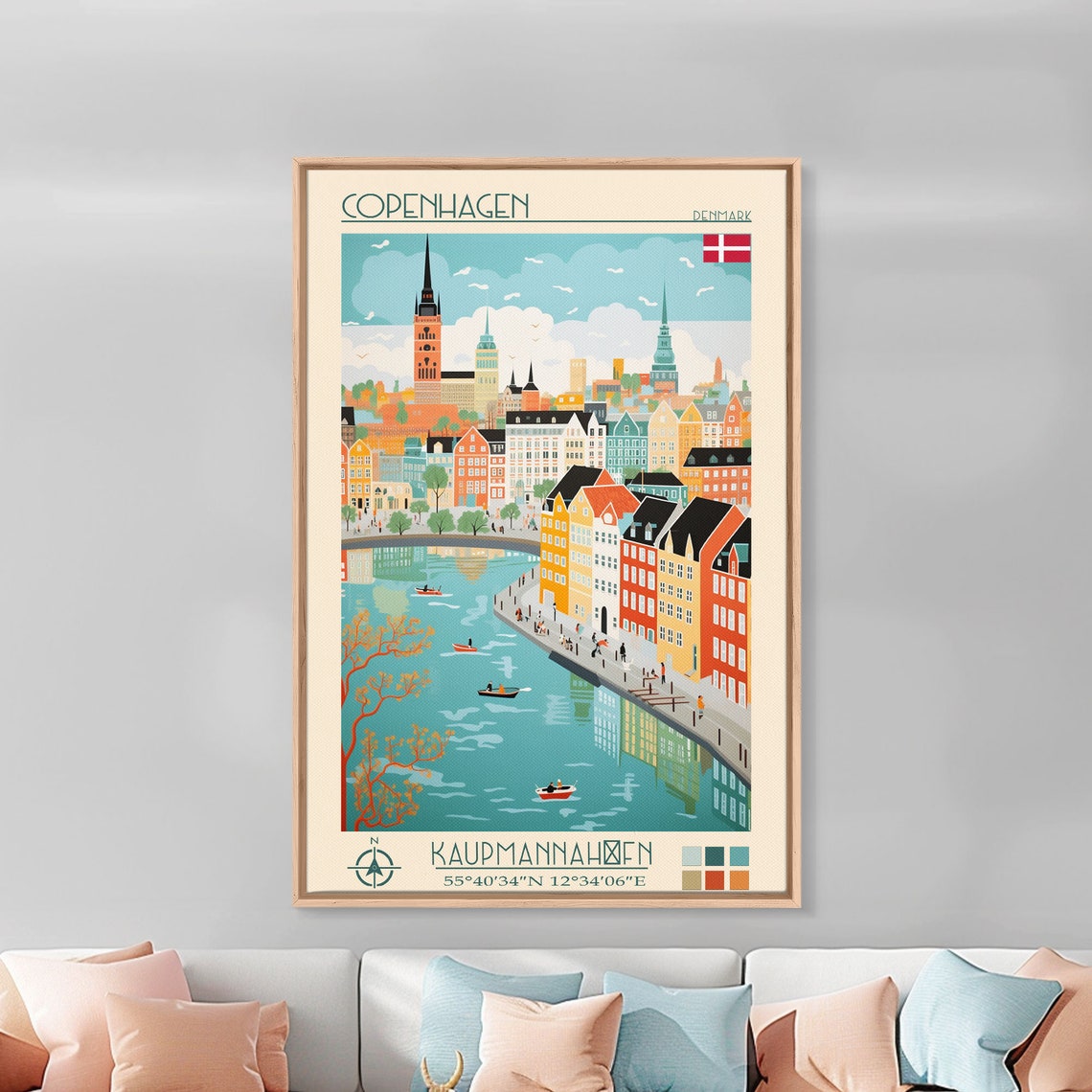 Copenhagen Denmark Harbor Waterfront Church Spires Boat Scene Poster