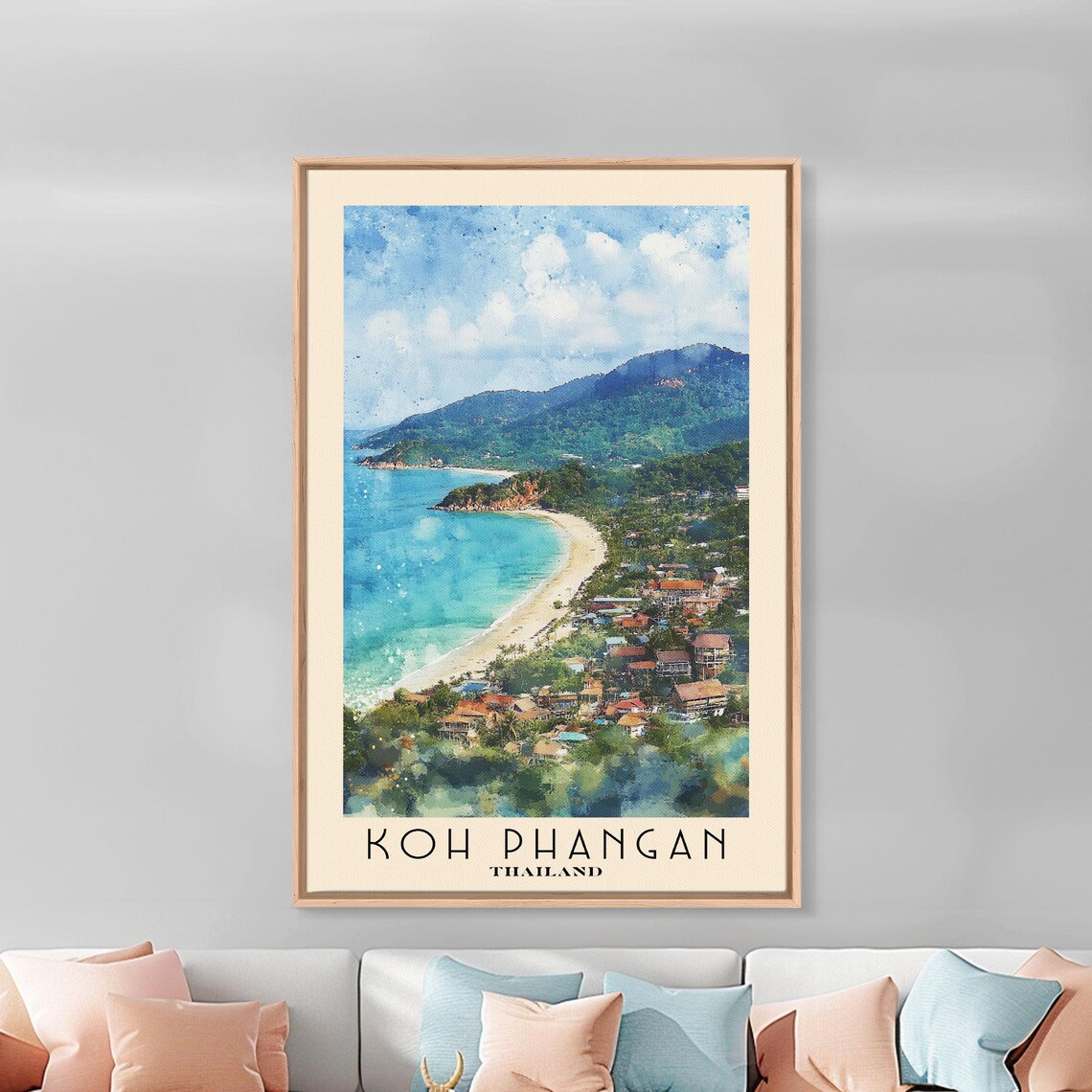 Koh Phangan Thailand Curved Bay Town Green Mountains Watercolor Poster - Image 3