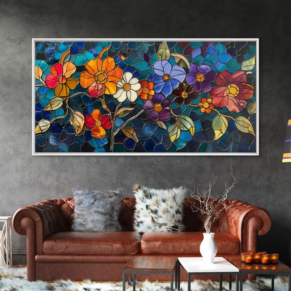 Subdued Flowers In Stained Glass On Wood Frame Art Floral Decor Feminine Mothers Day Gift Gift Idea For Her
