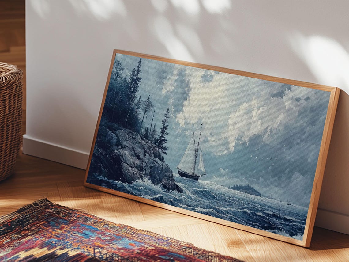 Tall Ship Off Rocky Pine Coast Moody Blue Seascape Painting Print - Image 6