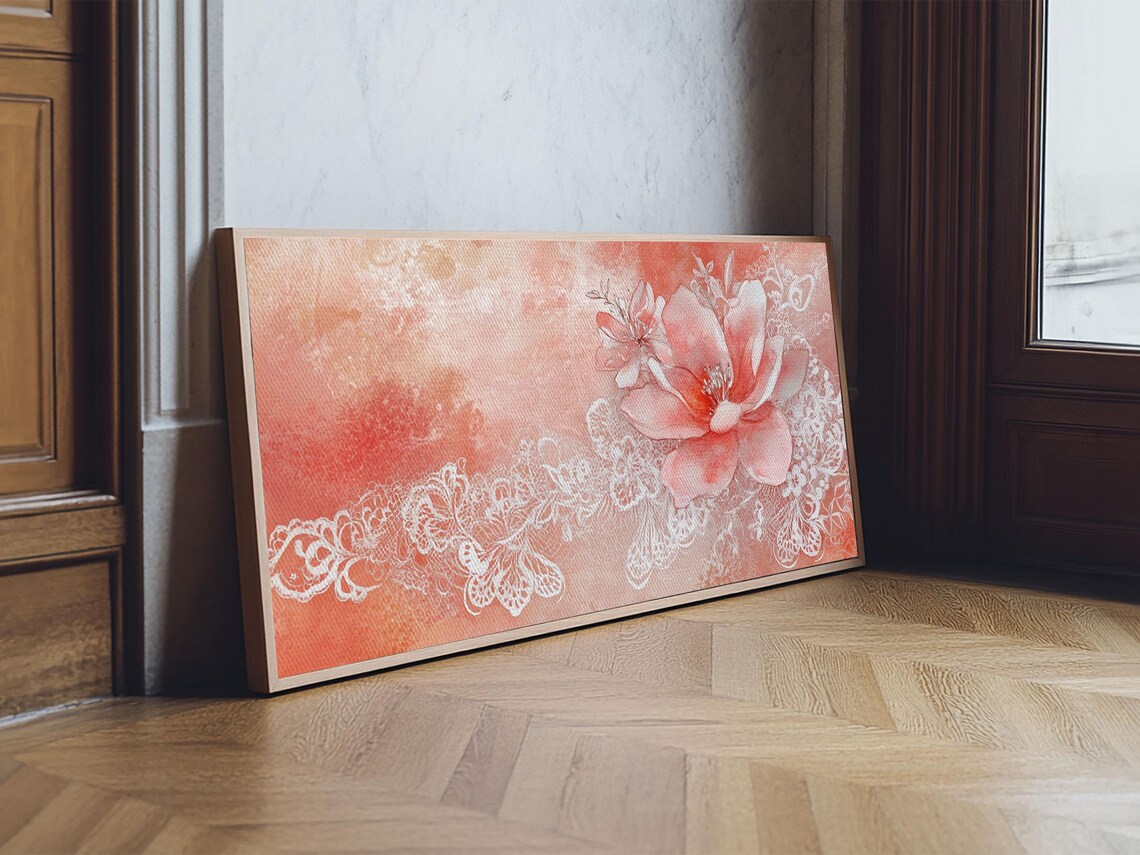 Coral Pink Floral With White Lace Watercolor Romantic Botanical Poster