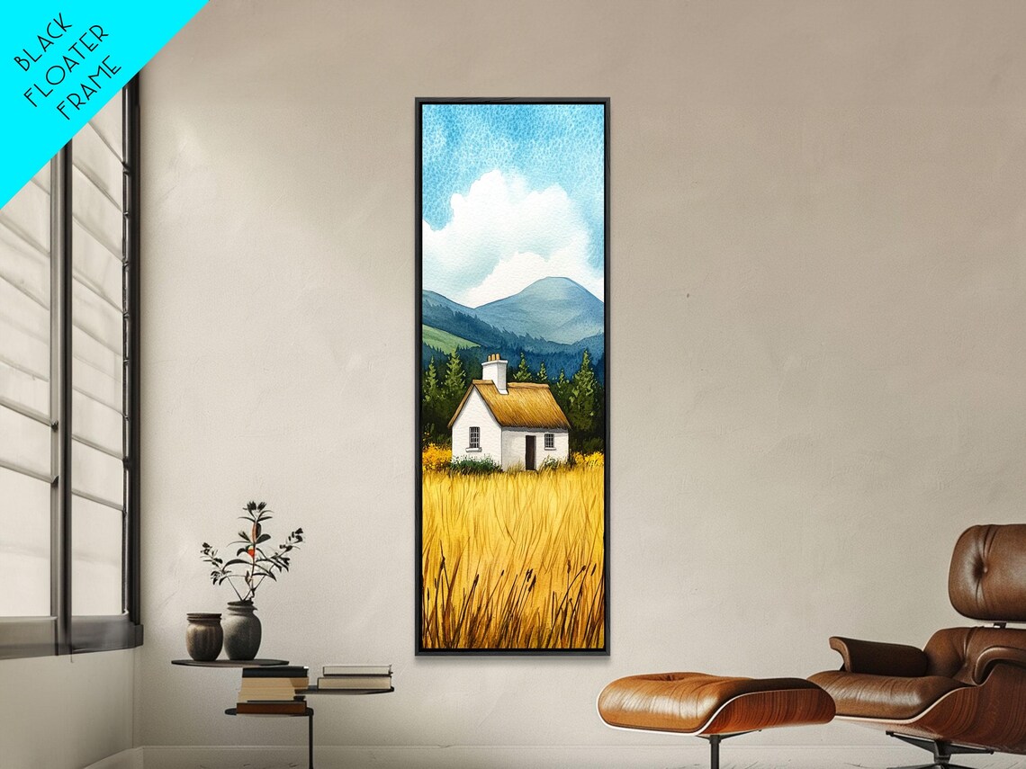 White Cottage in Golden Wheat Field Mountains Blue Sky Wall Art - Image 2