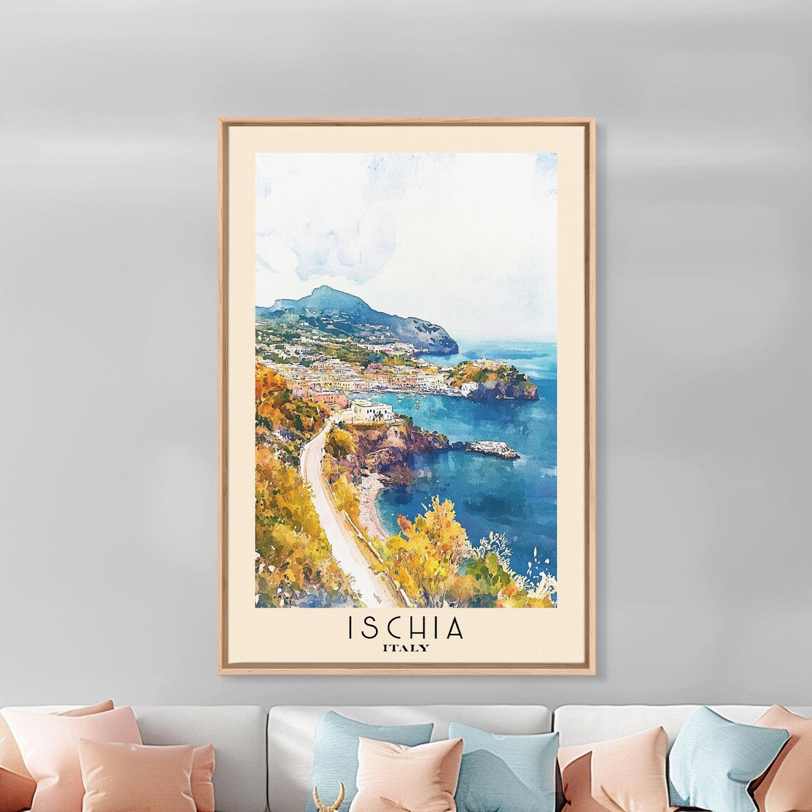 Ischia Italy Coastal Town Harbor Bay Hills Watercolor Travel Poster - Image 2