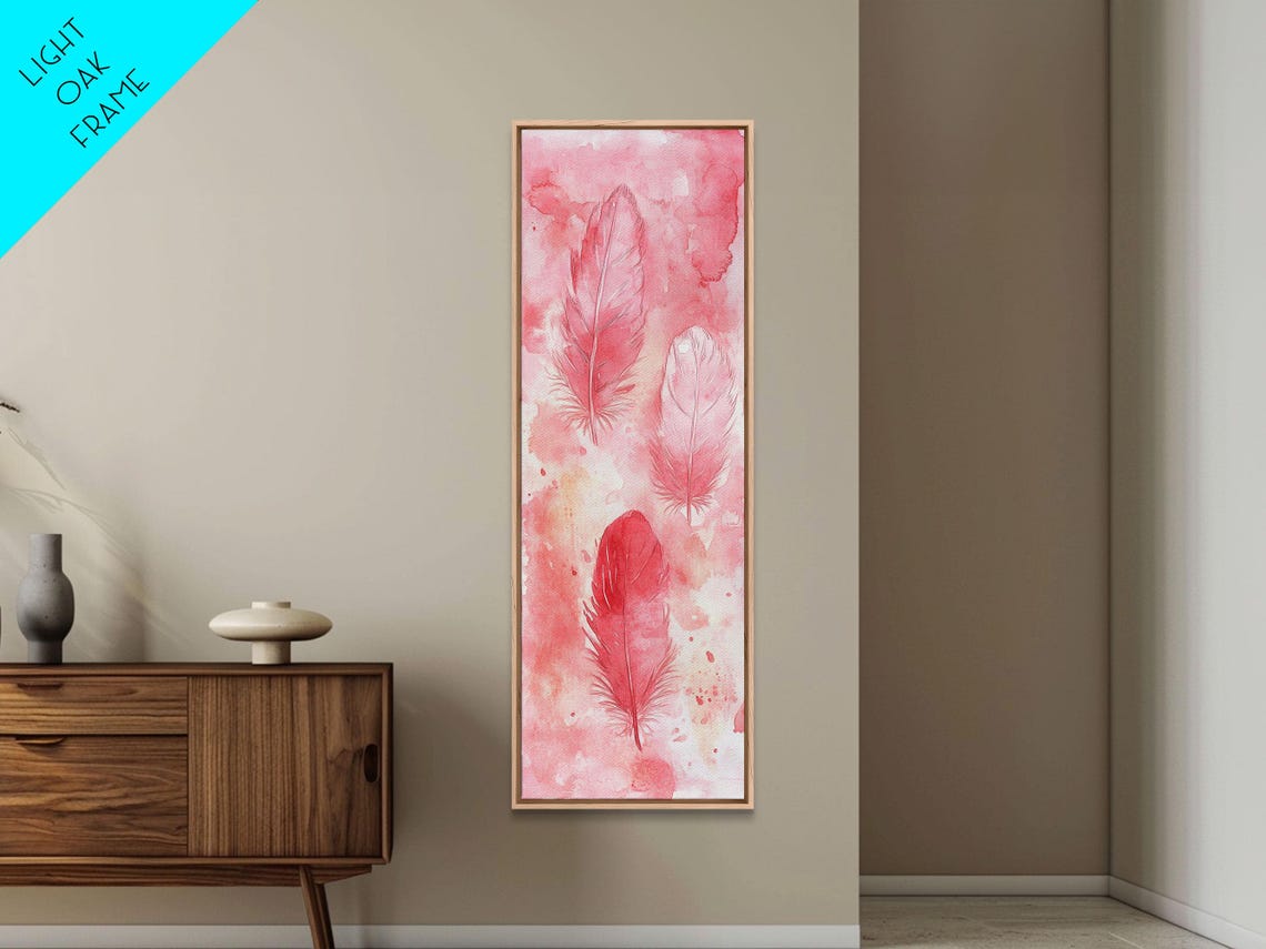 Three Pink Watercolor Feathers Minimalist Vertical Botanical Wall Art - Image 6