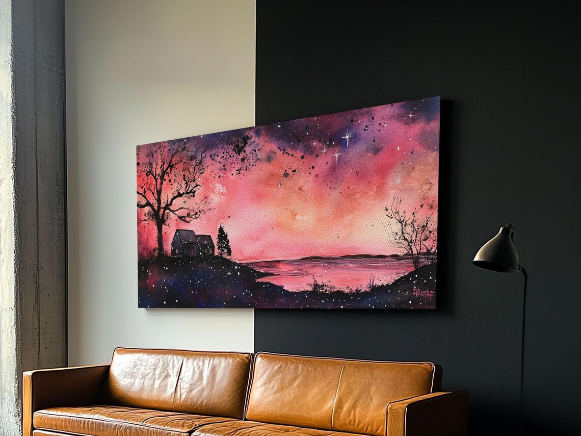 Moody Cottage Lake Dusk Pink Starry Sky Dark Romance Decor Poster - Image 2